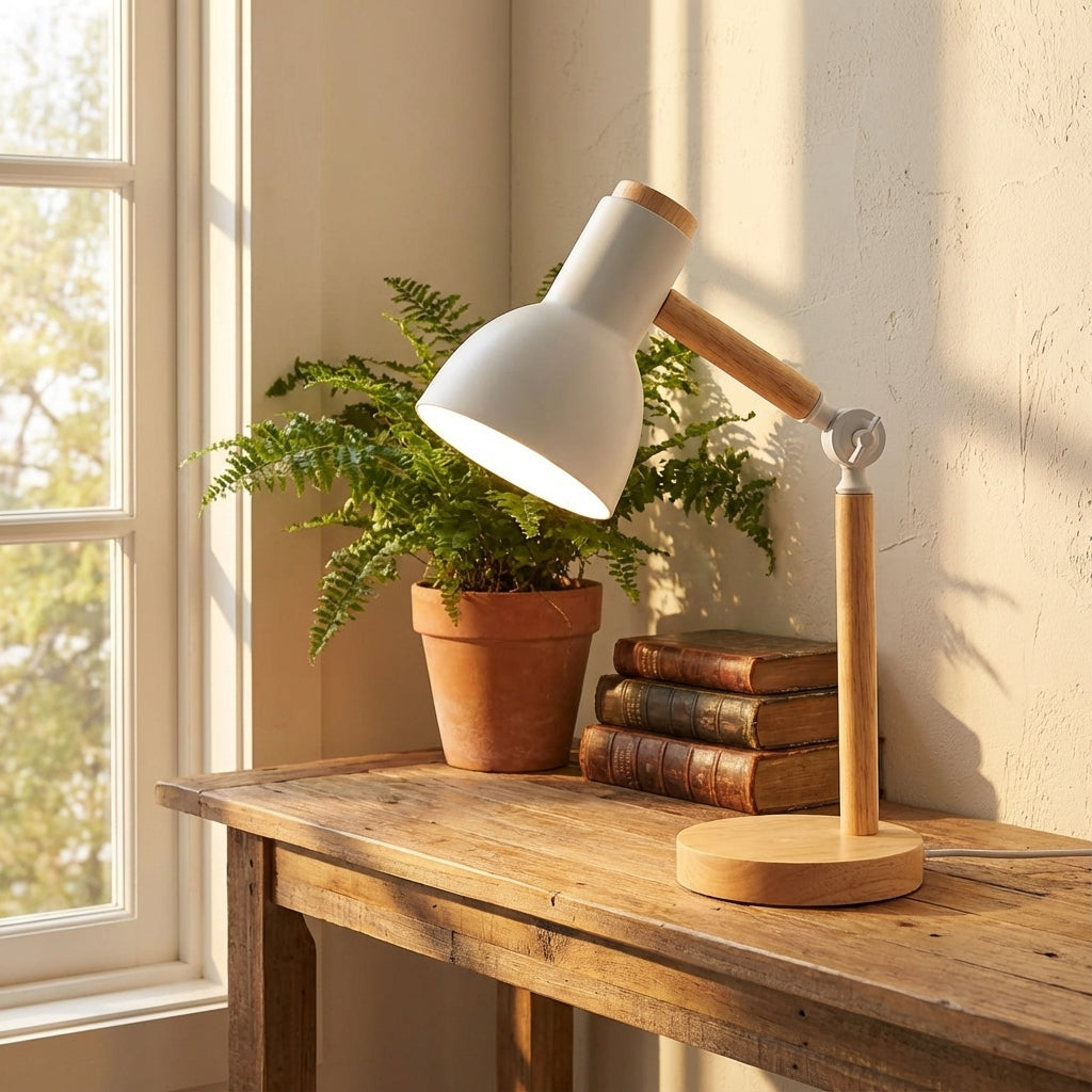 Nordic Wooden LED Table Lamp, Adjustable Head, Warm White Light, 15in, 5W, 230V